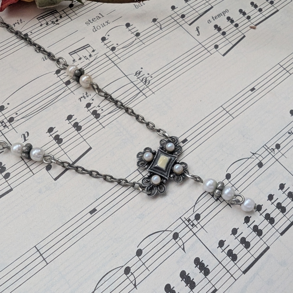 Vintage Faux Pearl Cross Pendant Necklace - Silver Tone